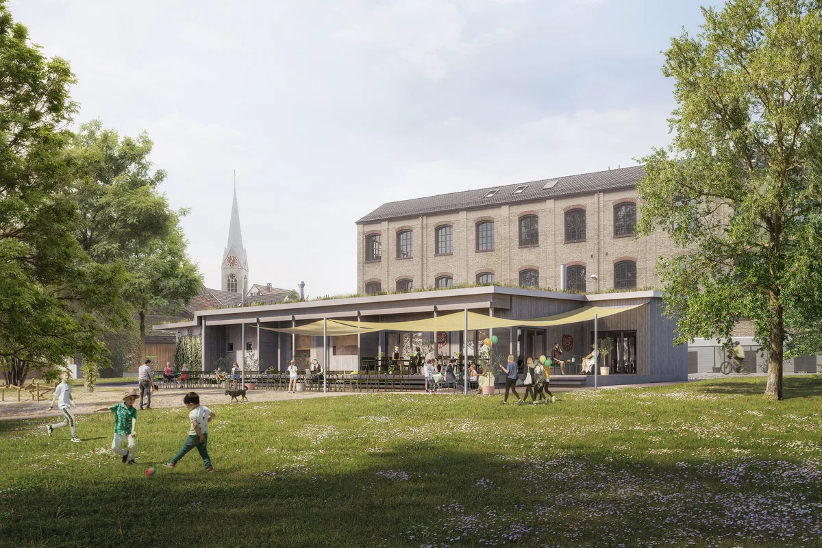 Man sieht eine Visualisierung eines Bistrogebäudes.